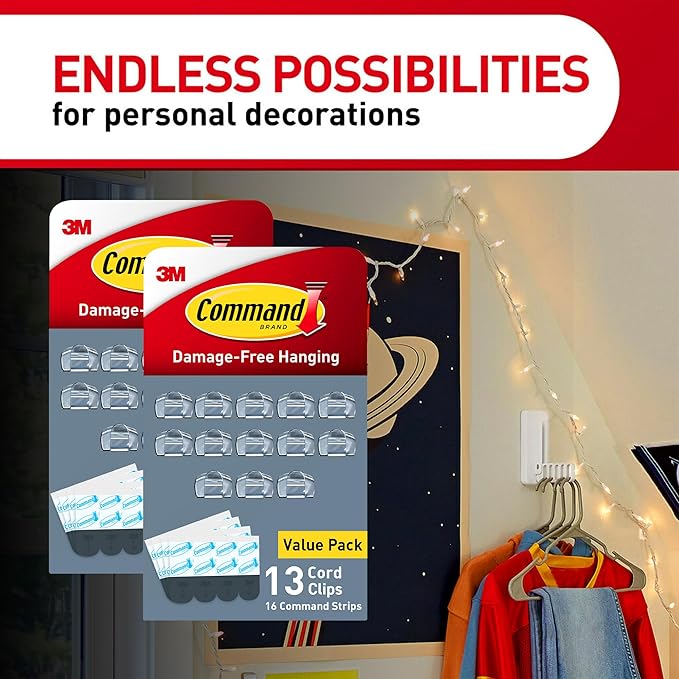Command Round Cord Clips, Damage Free Hanging Cable, for Hanging Electrical Cables, 26 Clear Cord Clips and 32 Strips