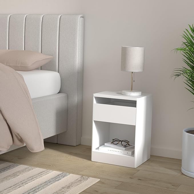 VASAGLE LED Nightstand with Charging Station, Adjustable Light Colors, 2 AC Outlets, 2 USB Ports, Bedside Table, Side Table with Drawer, Modern, 13.8 x 15.7 x 21.7 Inches, Cloud White ULET618T14V1