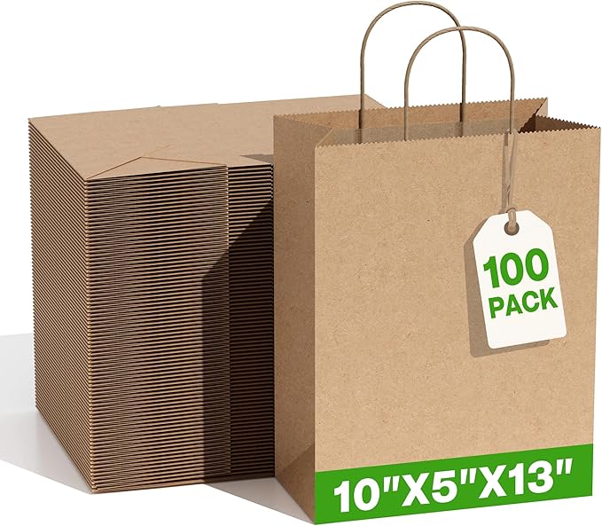 Simple Deluxe 100 Pack Kraft Paper Bags with Handles 10x5x13 - Made in USA -15 Lb Max Load - 100% Recycled Natural Brown Shopping Bags for Retail, Gifts & Merchandise (Premium 90GSM)