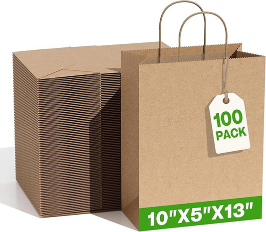 Simple Deluxe 100 Pack Kraft Paper Bags with Handles 10x5x13 - Made in USA -15 Lb Max Load - 100% Recycled Natural Brown Shopping Bags for Retail, Gifts & Merchandise (Premium 90GSM)