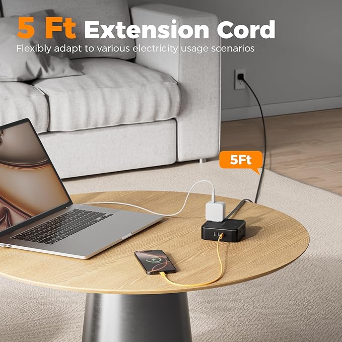 TESSAN Surge Protector Power Strip Black, 5 Ft Flat Plug Extension Cord with 3 USB (1 USB C) 8 Outlets, 900J Surge Protection, 3 Sided Outlet Extender with Power Switch for Office, Dorm Room
