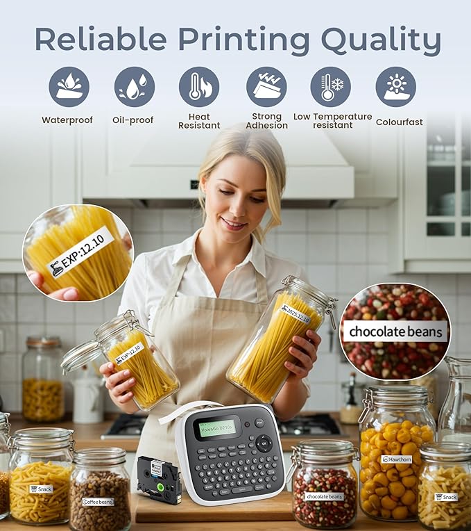 Label Maker Machine with Tape, Label Maker Waterproof Labels 12mm, D210s Laminated Labeler Machine, Multi Icons Borders & One-Touch Keys, Labelmaker for Home Use/School Office Supplies