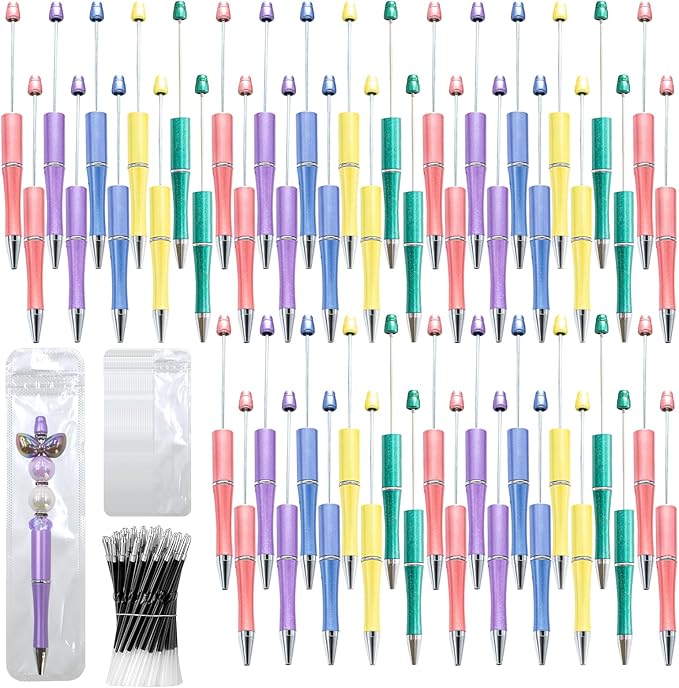300 Pieces DIY Beadable Pen Kit – 100 Plastic Ballpoint Pens with Refills & Bags – School Supplies, Office Accessories & Decorative Items for Students & Teachers (Dreamy Soft Palette)