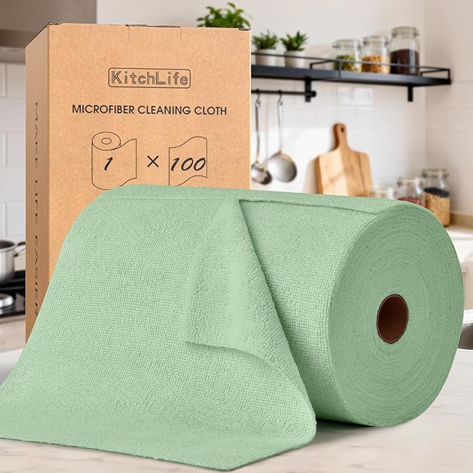 KitchLife Microfiber Cleaning Cloth Roll, 100 Pack - Tear-Away Microfiber Paper Towels, Lint-Free, Reusable, Washable for Kitchen, Car, Dishes, and Sensitive Surfaces (Bean Green)