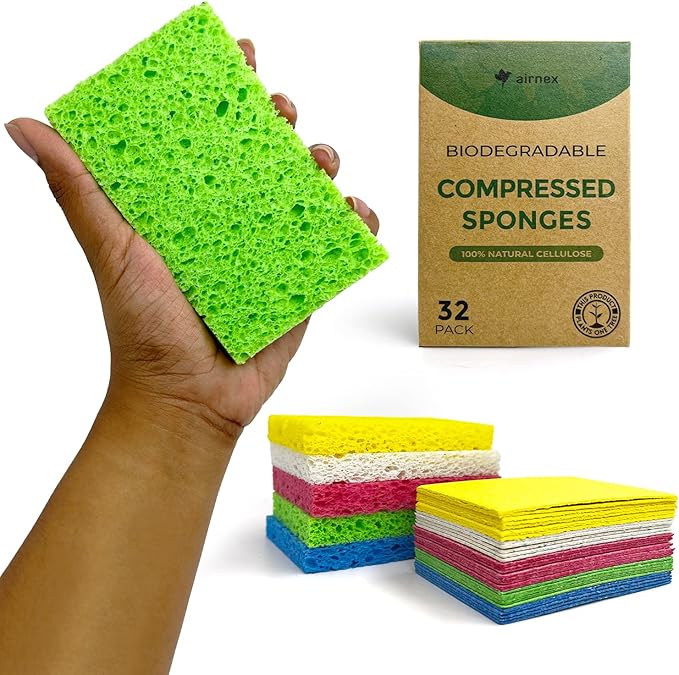 Biodegradable Compressed Cellulose Sponges - Pack of 32 Pop Up Natural Dish Sponges - Multicolor Non Scratch, Heavy Duty, Multipurpose, Compostable and Eco Friendly