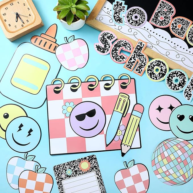 94 Pcs Composition Notebook Classroom Decor Welcome Back to School Bulletin Board Set Checkered Classroom Decor Pencil Apple Paper Cutouts for First Day of School Party Wall Door(Natural)