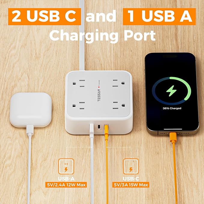 Surge Protector Power Strip, TESSAN Flat Plug Extension Cord with Multiple Outlets, 8 AC Outlets, 3 USB Ports(2 USB C), 5 Ft, 900 Joules Protection, 3-Sided Charging Station for Home Office Dorm Room