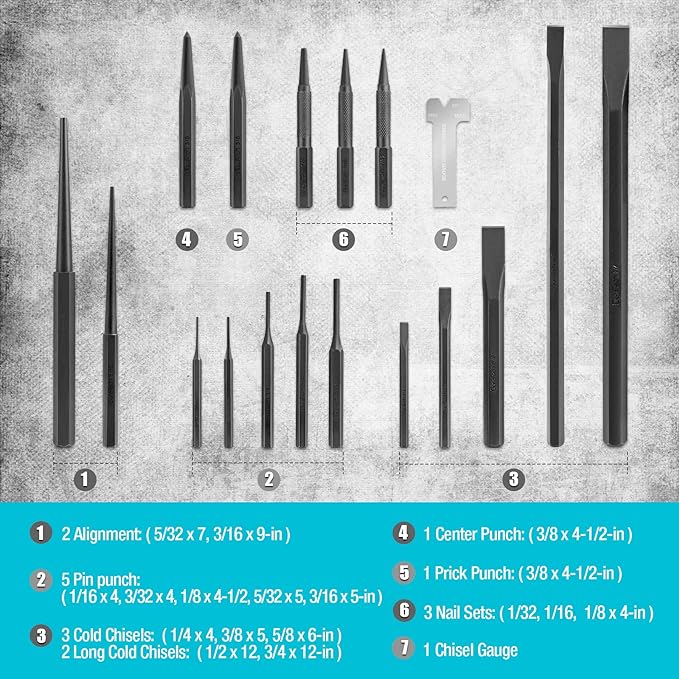 DURATECH 18 Piece Punch/Chisel/Alignment Tool Set, Including Pin, Center and Nail Punches, Alignment Tool, Cold Chisels, Chisel Gauge, with Rolling Pouch