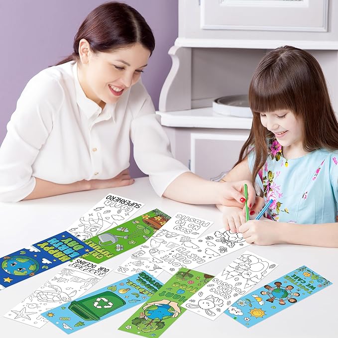 100 Pcs Earth Day Color Your Own Bookmarks Environmental Protection DIY Coloring Blank Bookmarks with Ribbon Art Crafts Supplies School Classroom Rewards Gifts Party Favors for Students Teachers
