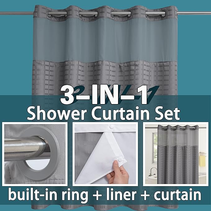 Conbo Mio Extra Long No Hook Shower Curtain with Snap in Liner Set, Hotel Luxury Grey Shower Curtains for Bathroom with See Through Top Window, Waterproof, Washable 71W x 84H