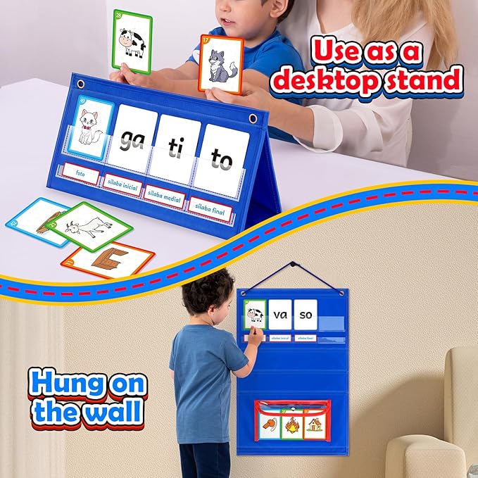 Spanish Learning Word Building Pocket Chart for Kids, Spanish Vocabulary Games Toddler Flash Cards Sight Words Flashcards Languages Spelling Reading Phonics Games for Kindergarten Preschool