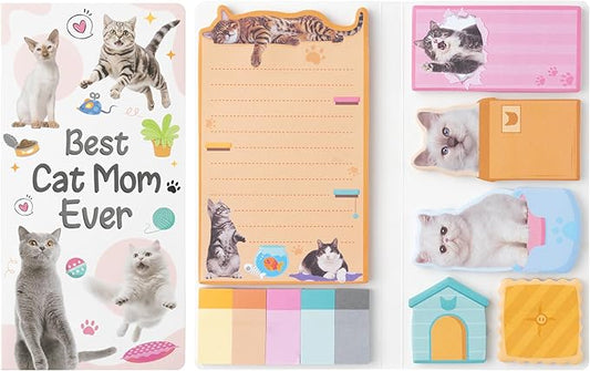 B1ykin Cute Sticky Notes Set - Best Cat Mom Ever Self-Stick Notes Pad, 550 Sheets Writing Memo Pages Sticky Notepad for Teacher Appreciation Gifts, School Office Party Favors Supplies (Cat Lovers)