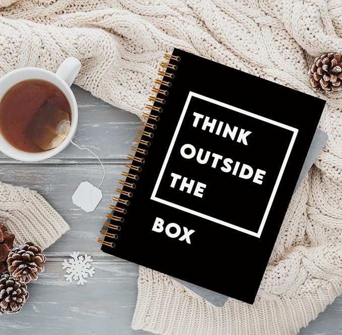 QUICQOD Think Outside The Box Notebook,Typography Journals,Motivational Notebook for Work Office School Student Teacher Counselor,Minimalist Black Hardcover Spiral Notebook 5.5x8.3