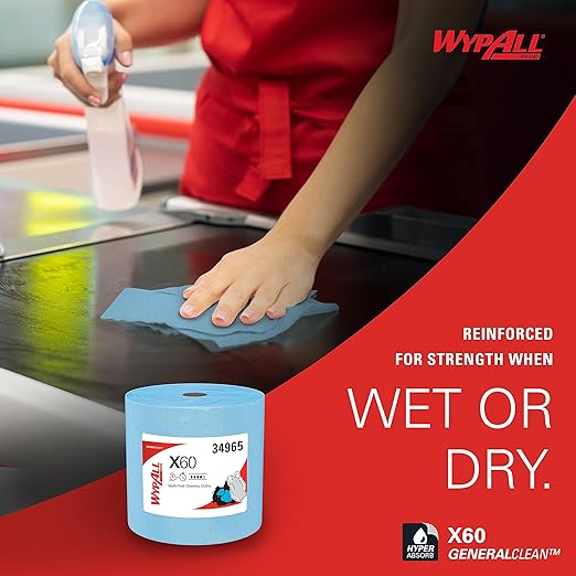 WypAll GeneralClean X60 Cloths Multi-Task Cleaning Wipes, Jumbo (34965), Strong and Absorbent Towels, Blue (1 Roll of 1,100 Sheets, 1,100 Sheet Total)