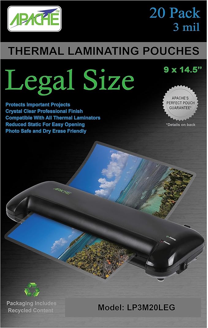 Apache 25 Pack Laminating Pouches 3 mil, for Legal Size 8.5 x 14 Inch Documents (9 x 14.5 Inch Sheets), Office and School Supplies, Thermal Laminating Sheets, Super Clear, Round Corner