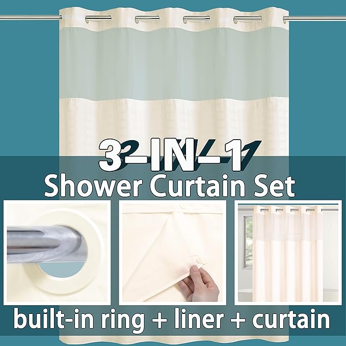 Conbo Mio No Hook Shower Curtain with Snap in Liner Set, Hotel Luxury Beige Shower Curtains for Bathroom with See Through Top Window, Waterproof, Washable 71W x 74H