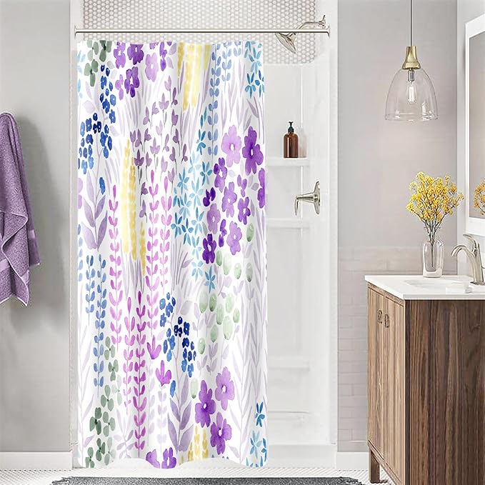 Small Stall Shower Curtain 36 x 72 Inch, Lavender Purple Half Narrow Floral Shower Curtain for Bathroom, Colorful Wildflower Boho Cottagecore Fabric Shower Curtain Set with Hooks