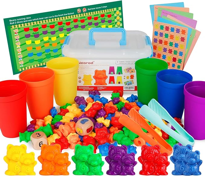 NEOROD Counting Bears - 90 Pcs Color Sorting Toys for Toddlers 1-3 & Preschool Learning Toys with Stacking Cups,Math Manipulatives with 2 Tweezers, 2 Dices, 12 Activity Cards & Storage Container