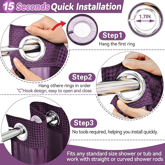Conbo Mio Extra Long No Hook Waffle Weave Shower Curtain with Snap in Liner Set, Hotel Luxury Purple Shower Curtains for Bathroom with See Through Top Window, Waterproof, Washable 71W x 84H