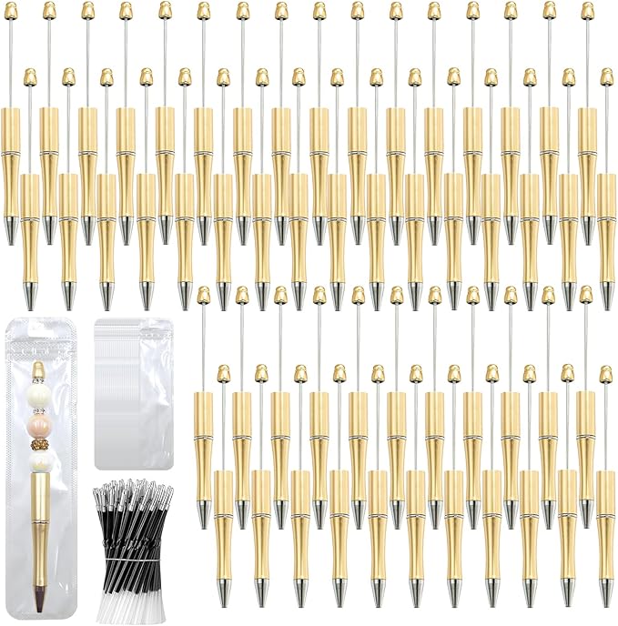 300 Pieces DIY Beadable Pen Kit – 100 Plastic Ballpoint Pens with Refills & Bags – School Supplies, Office Accessories & Decorative Items for Students & Teachers (Gold)