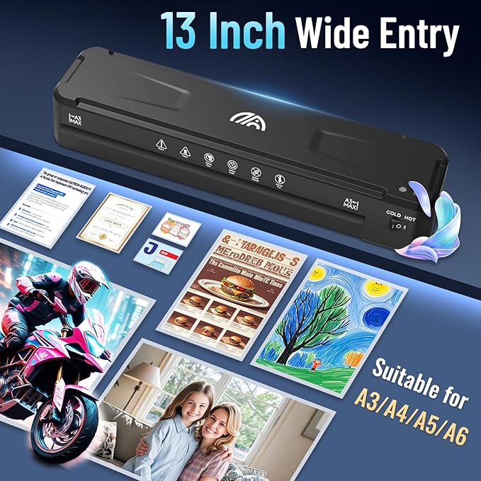 13 Inch Laminator Machine with 50 Laminating Sheets, Fast Warm-Up No Jam A3 Laminator, 11x17 Cold & Thermal Laminating Machine for Home School Office