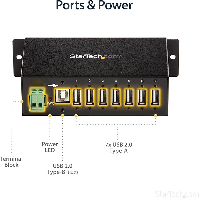 StarTech.com 7-Port USB 2.0 Hub - Metal Industrial USB-A Hub with ESD Protection & 350W Surge Protection - Din Rail, Wall or Desk Mountable - TAA Compliant USB Expander Hub (ST7200USBM)