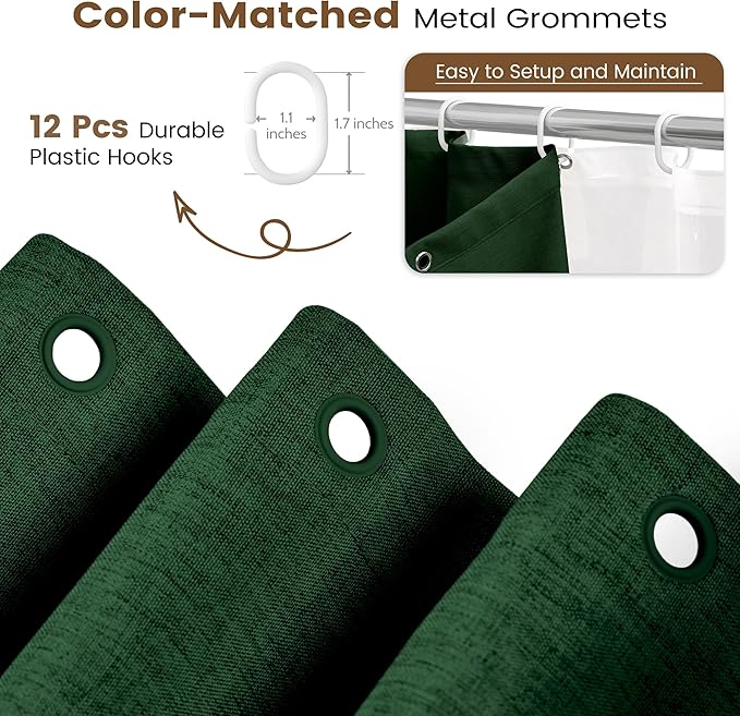 BTTN 3 in 1 Shower Curtain Set, Emerald Green Linen Textured Fabric Shower Curtain and Clear Liner Set with Plastic Hook, Modern Hotel Luxury Weighted Waterproof Shower Curtain for Bathroom, 72x72
