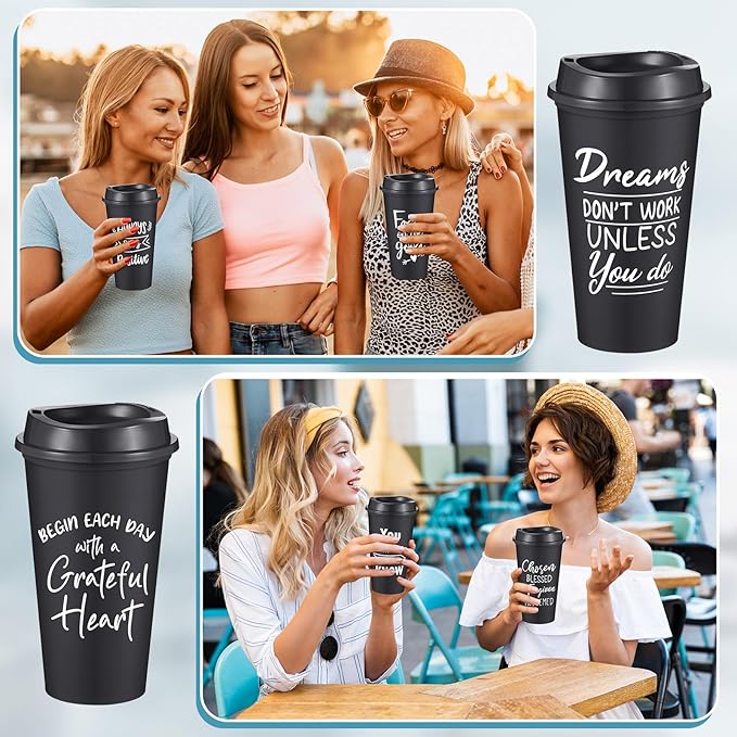 12 Pcs Inspirational Gifts for Employee Coworkers Staff Teammate, 16oz Reusable Plastic Coffee Cups with Positive Sayings, Bundle Gifts for Woman Man Coworker (Black,Inspirational)