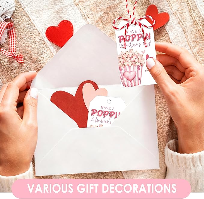 Have A Poppin Valentines Day Sticker Label, 50 Pcs Valentine Gift Tags with String, Gift Tag Paper Tags Labels Idea Valentines Activity School Classroom Party Favors-Pink