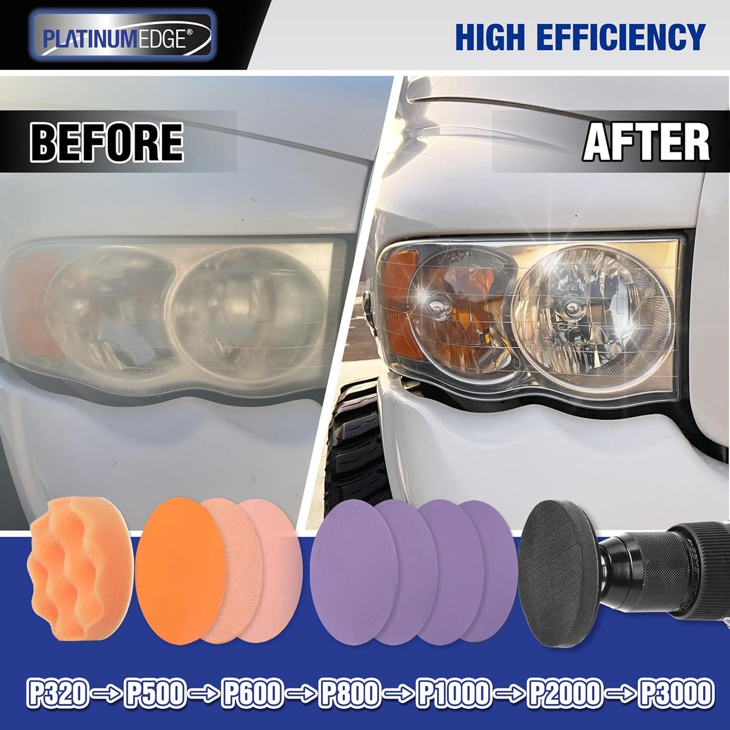PLATINUMEDGE Car Headlight Restoration Kit, 3 inch Car Headlights Lens Polishing Sanding Discs with 3 inch Buffing Polish Pads for Drill, 30 Pc Car Headlight Restorer and Renewer Kit