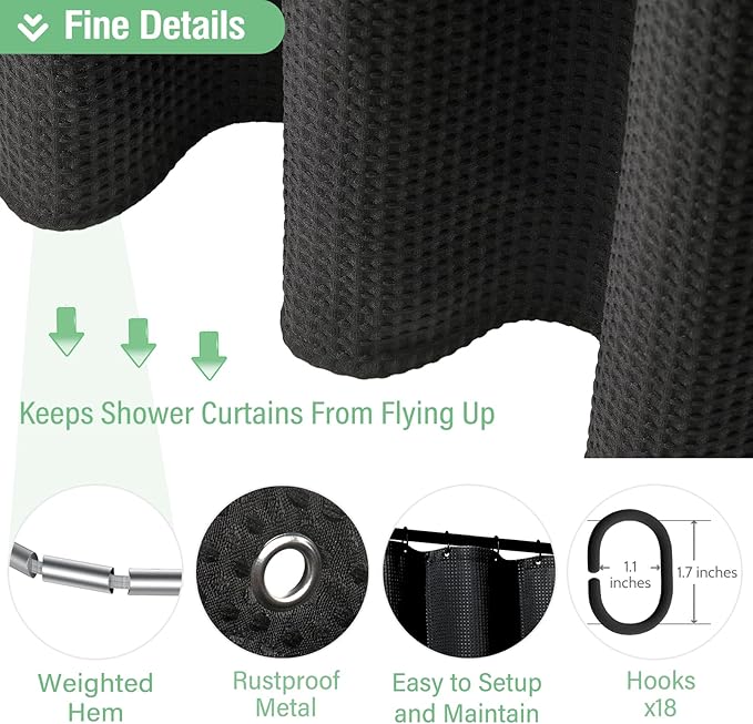 Dynamene Extra Wide Shower Curtain-108 Inch Wide Waffle Weave Weighted Thick Cloth Bathroom Shower Curtain, Neutral Heavy Duty Hotel Bath Curtain Set with 18 Plastic Hooks,108x72,Black