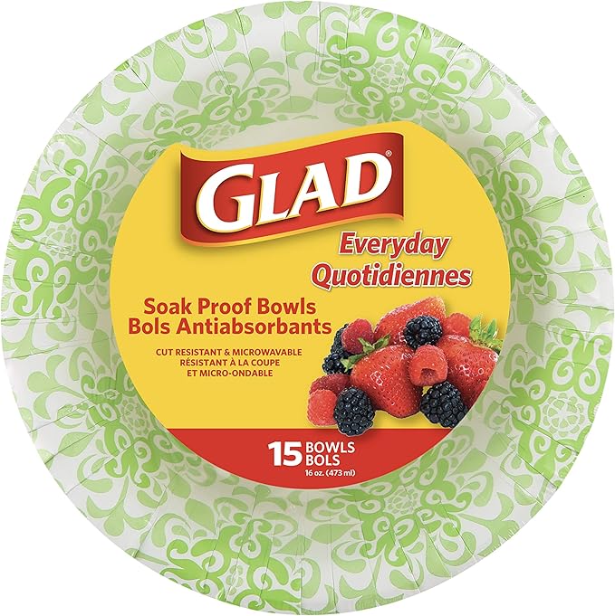 Glad Round Disposable Paper Bowls, Green Victorian Design - Heavy Duty, Soak Proof, Cut-Resistant, Microwavable Bowl for All Foods & Daily Use, 16 Oz, 15 Count