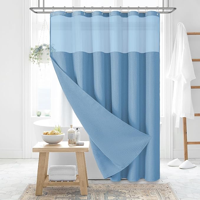Dynamene 78 Inch Long Shower Curtain, Tall Waffle Fabric Shower Curtains for Bathroom, Hotel Waterproof Cloth Shower Curtain Liner Set with Hooks, Snap in Liner, Mesh Top Window, Moonlight Blue, 72x78