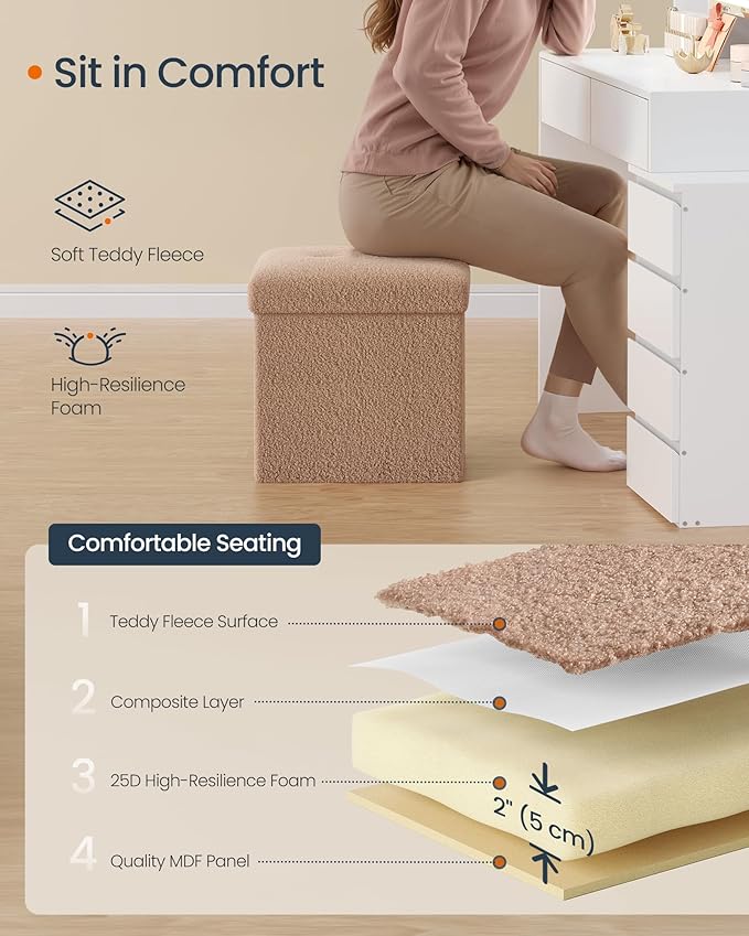 SONGMICS Small Folding Storage Ottoman, Foot Rest Stool, 15 x 15 x 15 Inches, Ottoman with Storage, Load up to 660 lb, for Living Room, Bedroom, Dorm, Camel Brown ULSF095K01