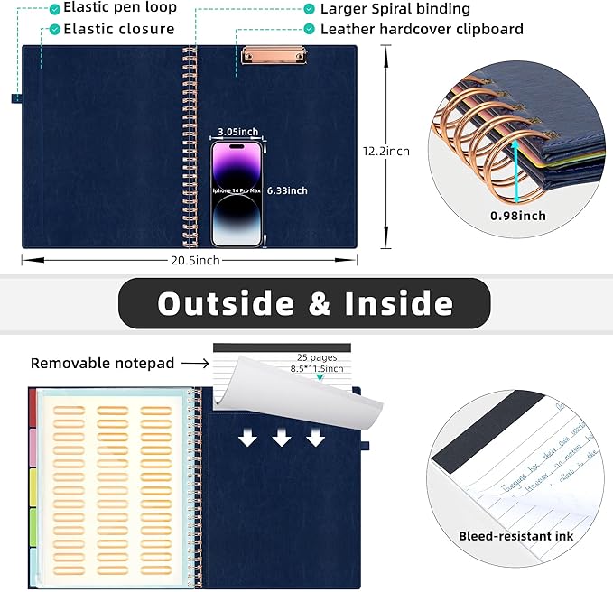 Ospelelf Leather Clipboard Folio with Notepad for Letter Size, Spiral Clipboard Folder with Storage Zipper Pouch, 5 Folders with 10 Pockets, 39 Divider Label Stickers, Pen Loop Series (Blue)