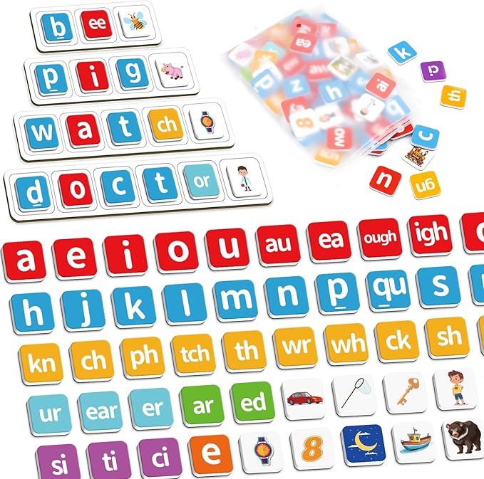140 Phonics Magnetic Letters Tiles,Learning Letter with Magnet Spelling Board Phonics Games Letter Tiles Phonemic Awareness Alphabet Magnets Magnetic Elkonin Box for Preschool Kindergarten Classroom