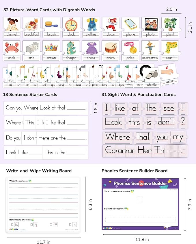 CHEFAN Sentence Building Phonics Flash Cards Kit, Sight Words & Picture Cards with Writing Board, Learn to Read Digraphs for Toddlers & PreK Kindergarten 1st Grade, Speech Therapy Educational Toys