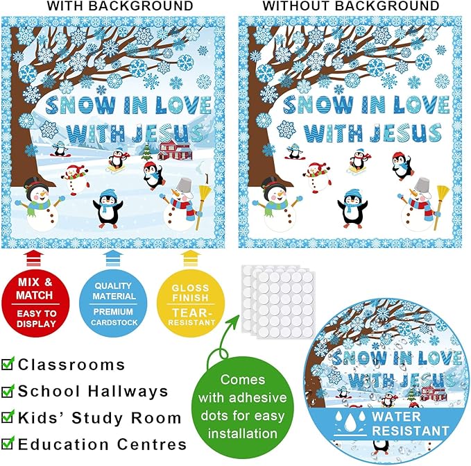 Winter Bulletin Board Decoration Set with Background Paper & Borders Cutouts for Christian Sunday School Classroom Church Decor Christmas Snow in Love with Jesus Bulletin Board Craft Home Wall(Winter)