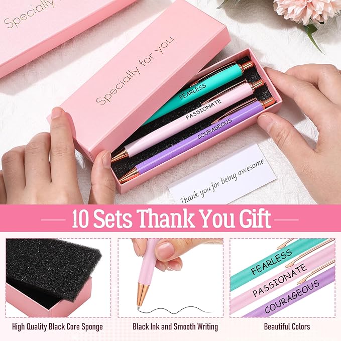 Tenceur 50 Pcs Pink Thank You Gifts for Women Bulk Employee Appreciation Gift Set with 30 Luxury Ballpoint Pens 10 Greeting Cards and 10 Gift Boxes for Teacher Nurse Coworker Volunteers(Inspire)