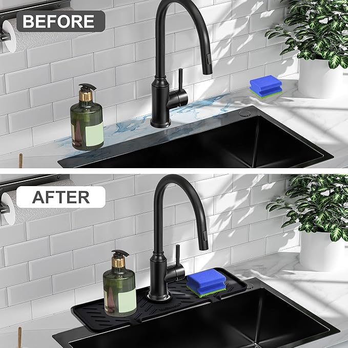 Meiliweser Silicone Faucet Mat for Kitchen Sink – Gen 2 Splash Guard with Upgraded Outlet & Slope – 18” x 5.1” Water Catcher & Sink Sponge Holder for Kitchen and Bathroom (Black)