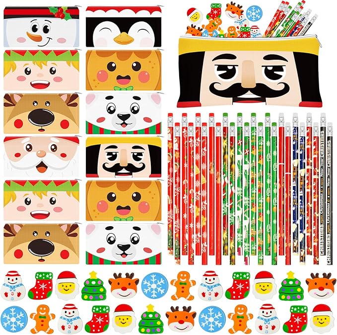 Cinrobiye 48 Pcs Christmas Gift Set Holiday Pencil Case Pouches Festive Pencils Erasers Xmas Party Favors Supplies Stocking Stuffers Goody Bag Fillers Teacher Rewards Prizes Holiday Exchange Gifts