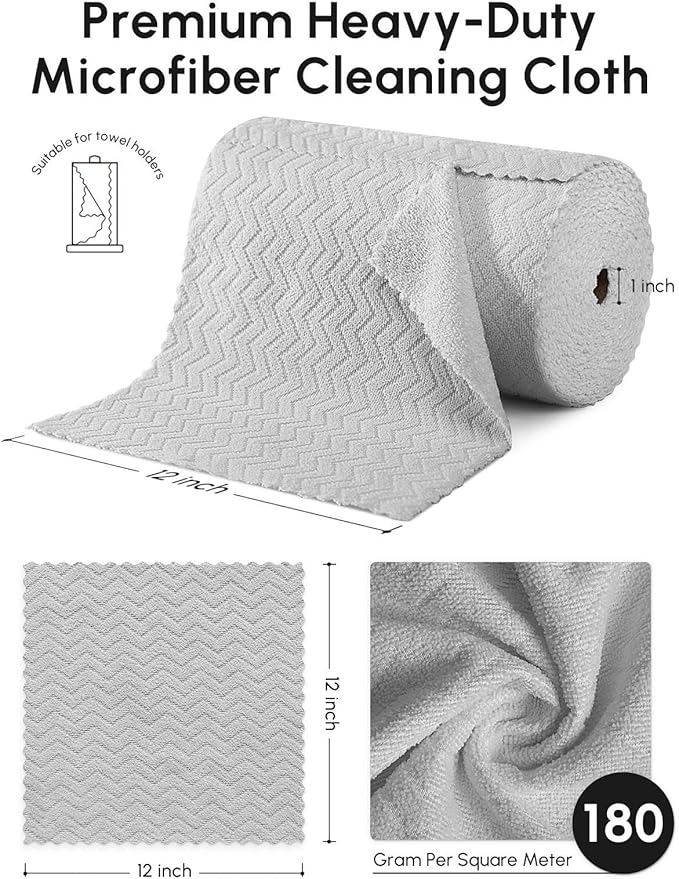 Microfiber Cleaning Cloths Roll, 75 Pack Tear Away Microfiber Towels Roll, 12" x 13" Lint Free Rags, Reusable Cleaning Cloths, Washable, Scratch Free,Ultra Absorbent Dish Rags(Grey Ripple)