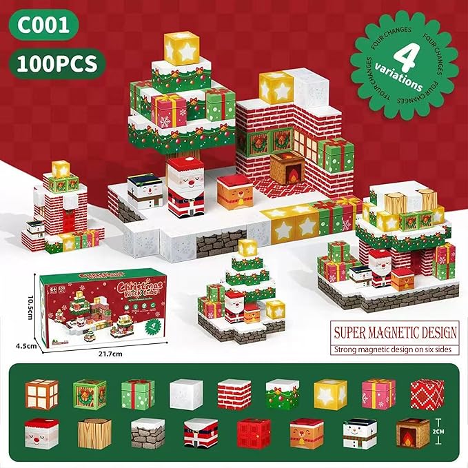 Magnetic Blocks,100 PCS Build Magnetic Santa Chimney Xmas Tree Gift World, STEM Construction Magnetic Cube for Boys Girls Age 3 4 5 6 7 8 9 10,Sensory Stacking Toy Christmas Birthday Gifts for Kids