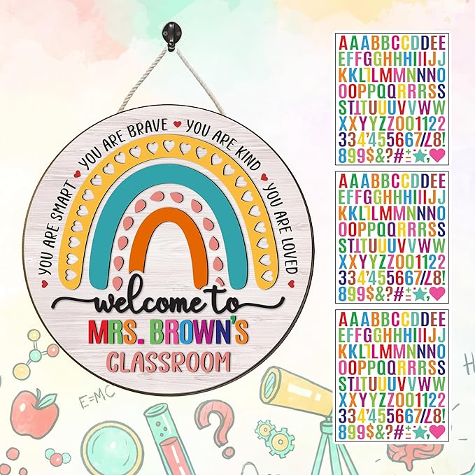 Custom Teacher Welcome Sign for Classroom Door Decoration, Custom Teacher Name Rainbow Door Hanger Signs, Back to School Wreath for First Day of School Classrooms Wall Plaque School Supplies Must Have