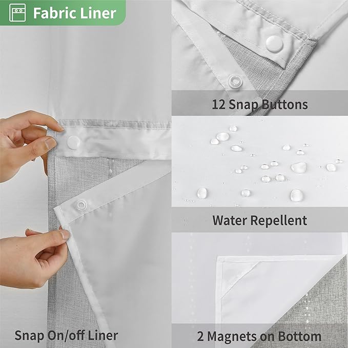 No Hook Extra Long Shower Curtain Set with Snap-in Liner,Linen Textured Thick Striped Fabric with Tassels,Boho Chic Modern Farmhouse Bathroom Curtain,Water-Repellent,Grey/Gray,71x86