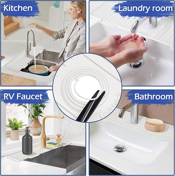 Kitchen Sink Splash Guard, 20IN Longer Silicone Faucet Guard & Draining Mat, Bathroom and Kitchen Sink Organizer, Sink Faucet Mat Water Splash Guard Behind Faucet Accessories Gadget, 20” x 5.5”, White