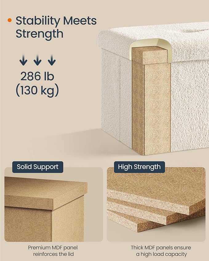 SONGMICS Small Folding Storage Ottoman, Foot Rest Stool, 12.2 x 16.1 x 12.2 Inches, Ottoman with Storage, Load up to 286 lb, for Living Room, Bedroom, Dorm, Cream White ULSF094W01