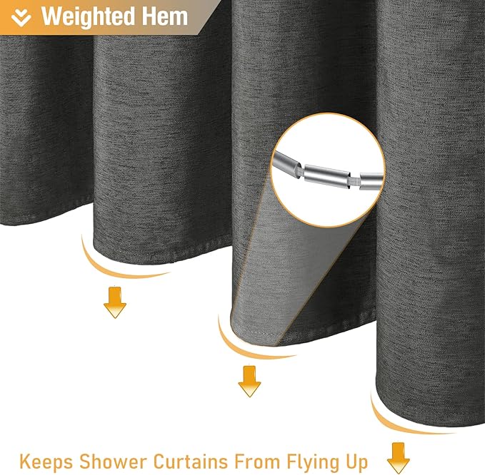 BTTN Charcoal Grey Shower Curtain - Linen Textured Heavy Duty Thick Waterproof Cloth Shower Curtain Set with 12 Plastic Hooks, Hotel Luxury Decorative Fabric Shower Curtain for Bathroom, 72x72, Gray