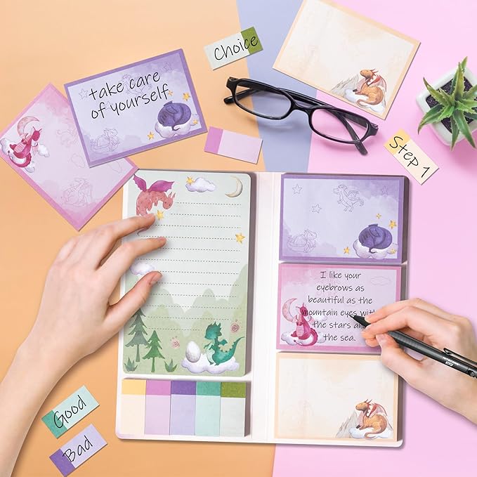 B1ykin Cute Sticky Notes Set - Just A Gift Who Loves Dragons Self-Stick Notes Pad, 550 Sheets Writing Memo Pages Sticky Notepad for Teacher Appreciation Gift, School Office (Watercolor Dragon)