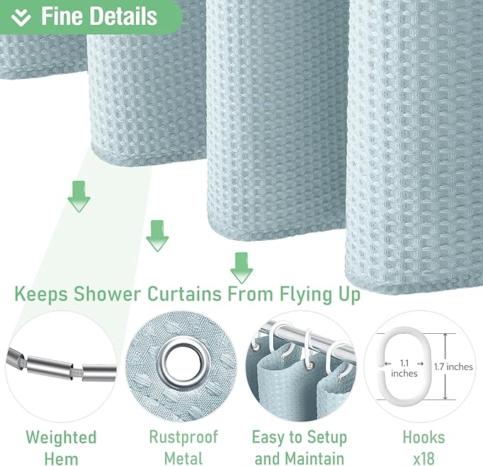 Dynamene Extra Wide Shower Curtain-108 Inch Wide Waffle Weave Weighted Thick Cloth Bathroom Shower Curtain, Neutral Heavy Duty Hotel Bath Curtain Set with 18 Plastic Hooks,108x72, Fog Blue